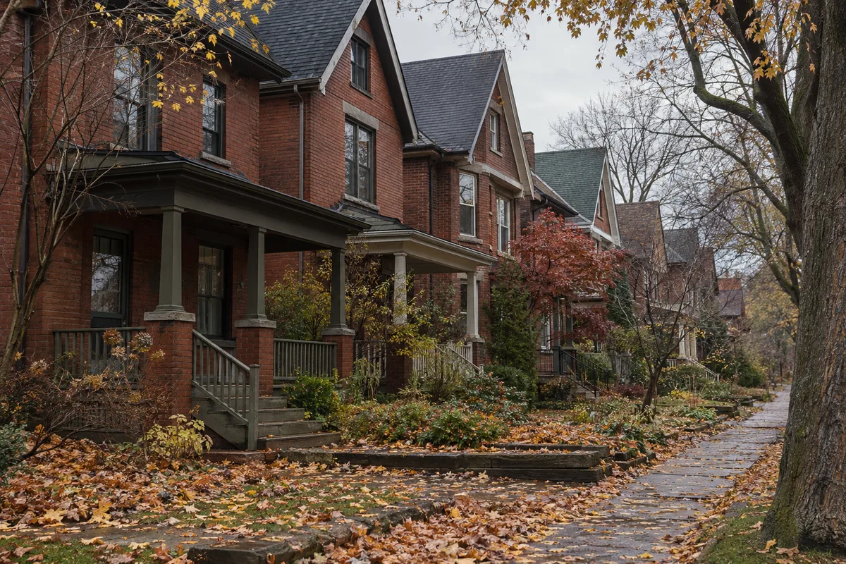 Row of century-old red-brick semi-detached houses on a leafy older Toronto street in autumn
