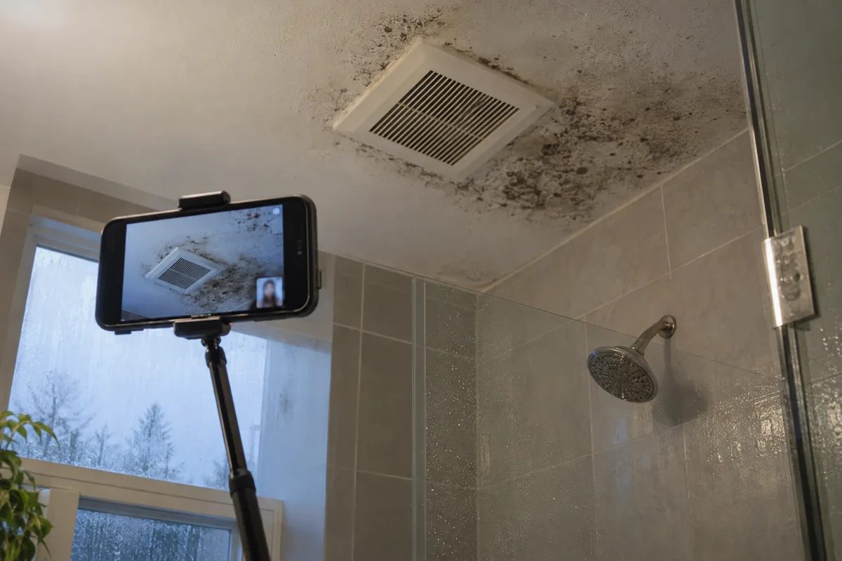 Smartphone on a selfie stick filming mold around a bathroom exhaust fan during a video call