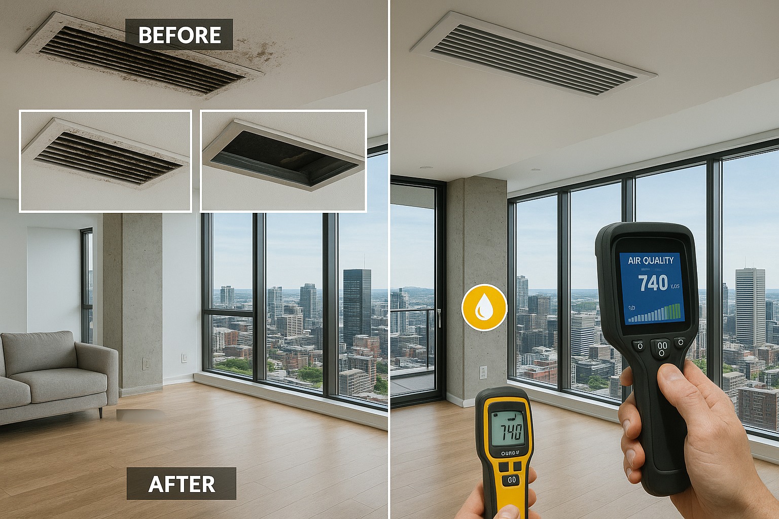 Downtown Montreal high-rise condo HVAC mold inspection showing air vent contamination and professional assessment