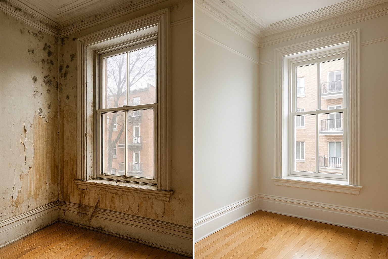 Montreal Plateau Mont-Royal heritage building mold inspection before and after comparison showing century-old plaster walls