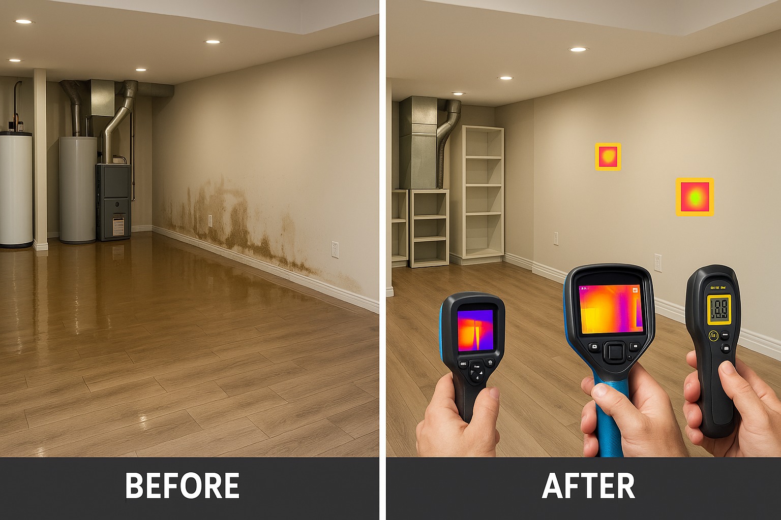 West Island Montreal basement mold inspection after spring flooding with professional moisture detection equipment