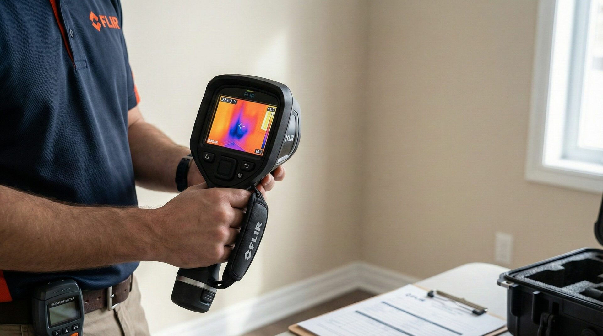 Mold inspection near me - certified technician using a thermal imaging camera to detect hidden moisture in a Canadian home