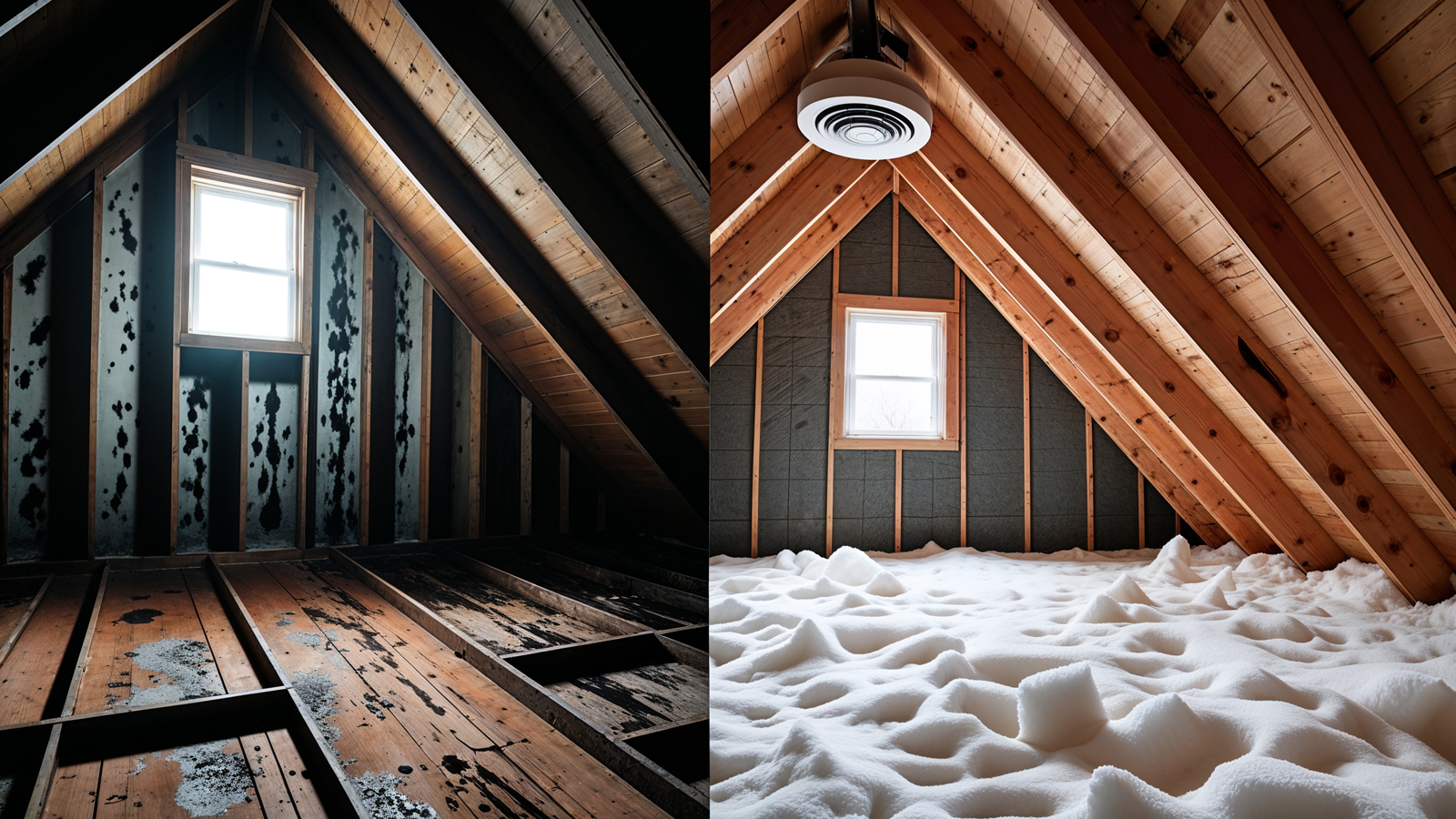 Attic mold removal in a Canadian home: condensation-driven mould on roof sheathing before and after professional remediation with insulation replacement