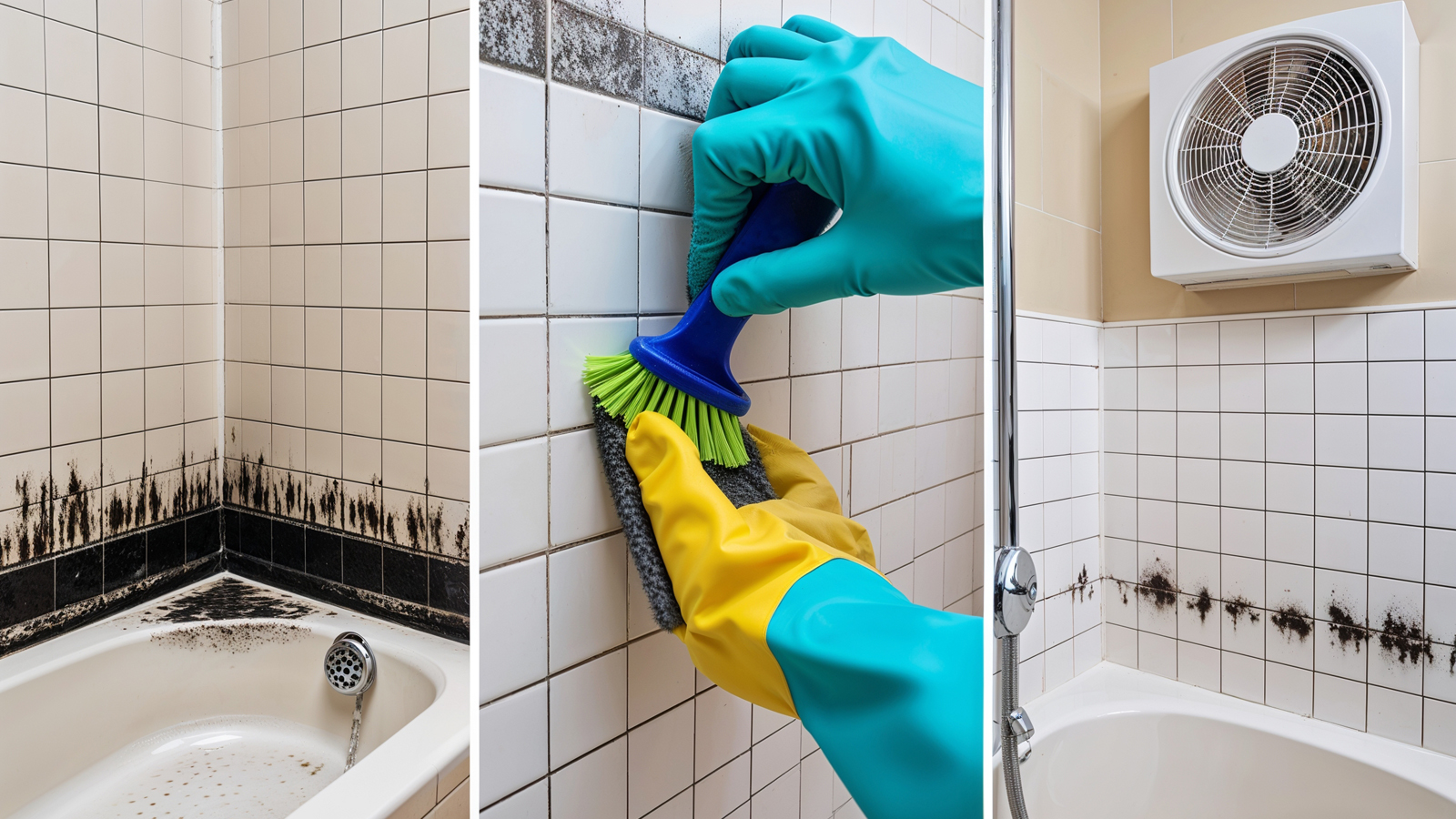 Bathroom mold on tile grout and drywall in a Canadian home: surface mould from chronic humidity treated with grout replacement and exhaust fan upgrade