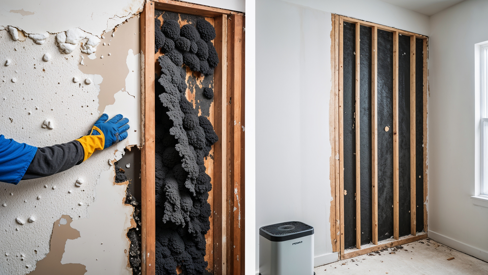 Hidden mold behind drywall in a Canadian home: cavity-side contamination from plumbing leak requires drywall removal and framing drying