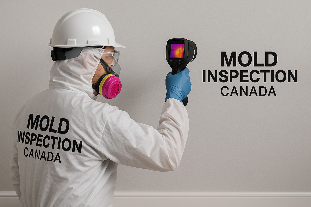 Certified mold inspector using a FLIR thermal imaging camera to detect hidden moisture and mold behind a wall