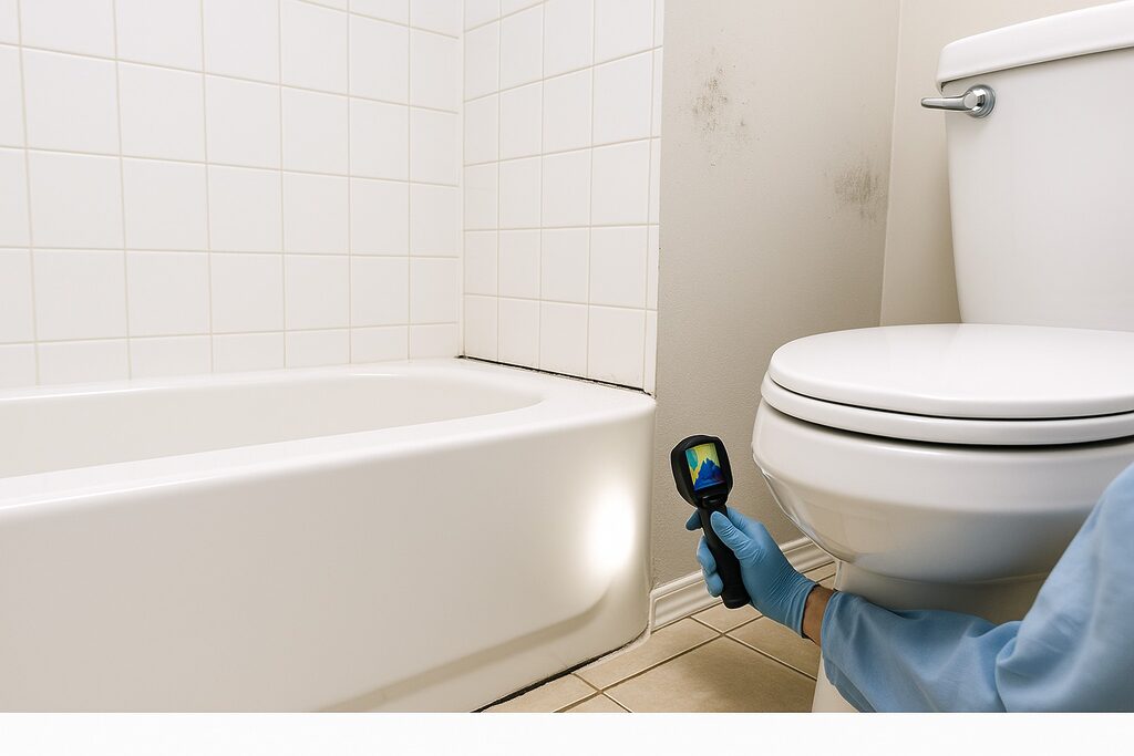 bathroom mold inspection techniques caulk toilet flashlight