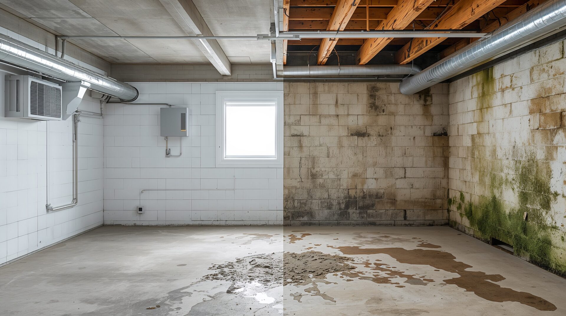 Basement mold detection visual guide showing clean vs contaminated basement comparison for Ontario homes