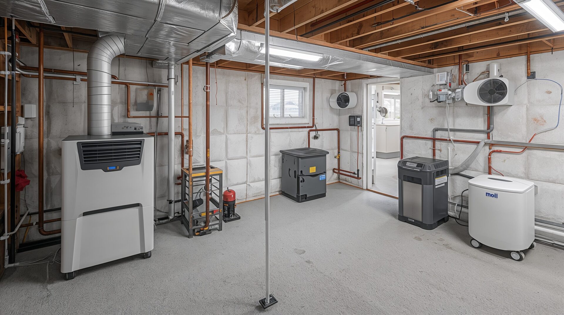 Professional basement mold prevention systems including dehumidifiers, ventilation, and moisture control equipment