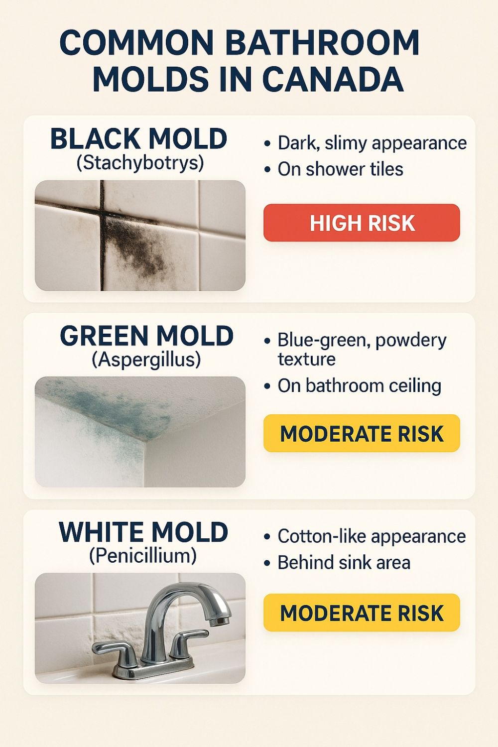 bathroom mold identification chart showing black Stachybotrys green Aspergillus and white Penicillium mold types with health risk indicators