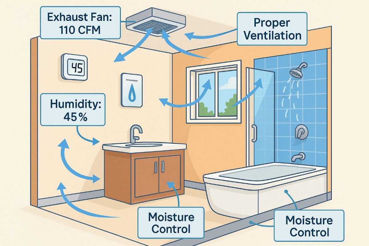 modern bathroom ventilation system with exhaust fan humidity monitor and proper moisture control features preventing mold growth