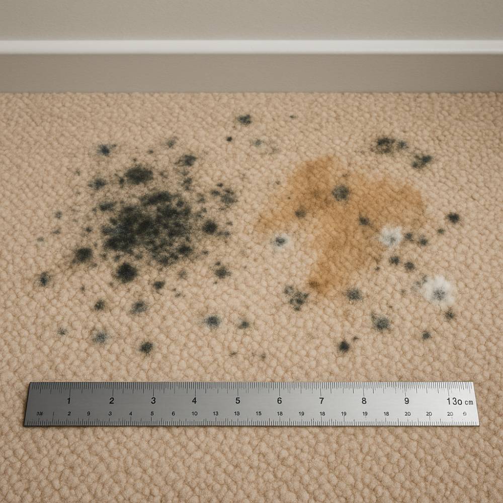 Visible mold growth on carpet surface showing typical discoloration patterns