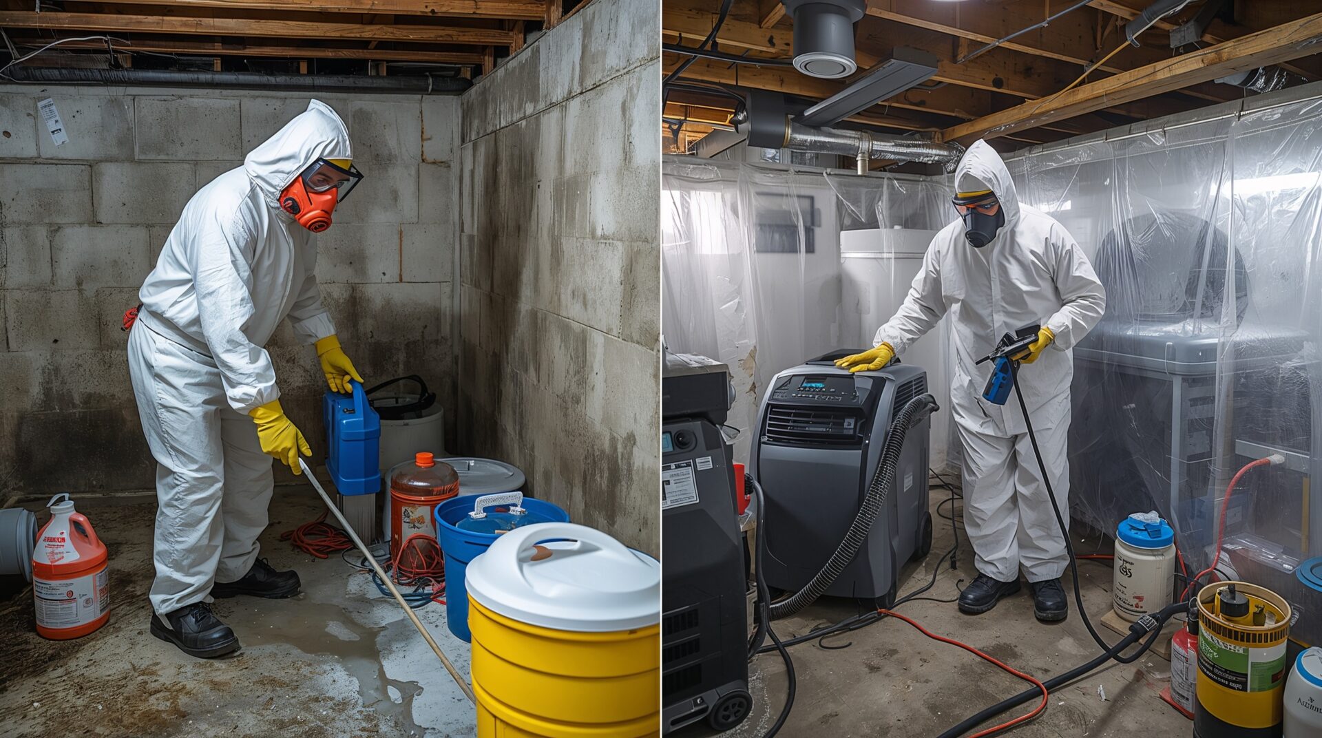 DIY vs professional mold removal comparison showing safety equipment and techniques for basement mold cleanup