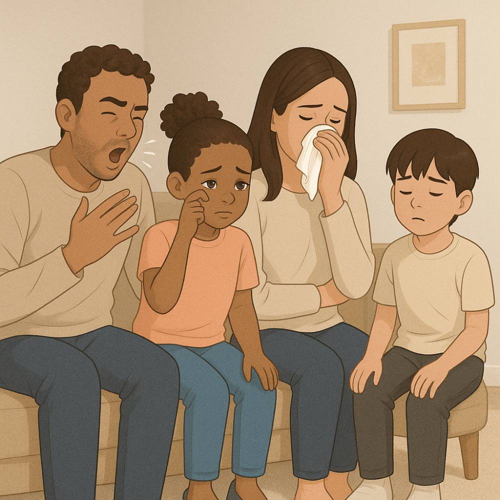 Family at risk from carpet mold exposure showing various health symptoms