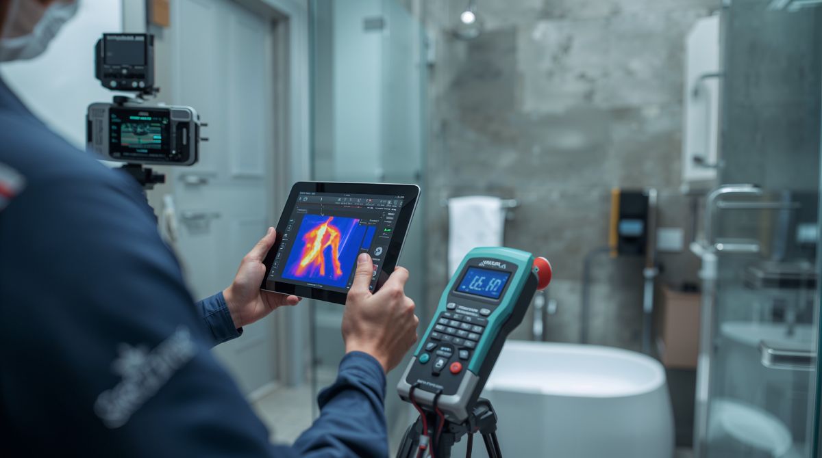 certified mold inspector using thermal imaging camera moisture meters and air sampling equipment for professional bathroom mold detection