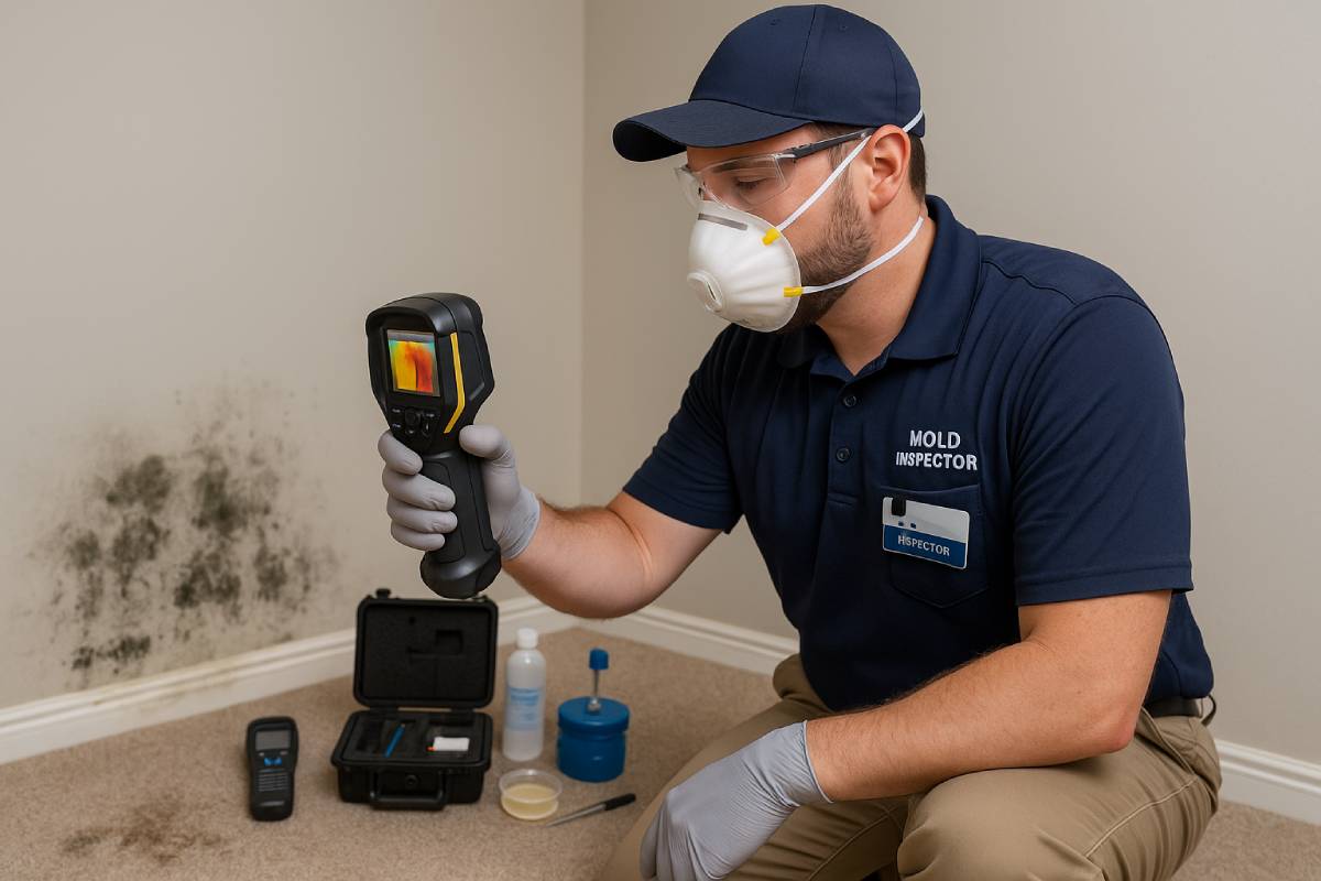 Professional mold inspector examining extensive carpet mold growth