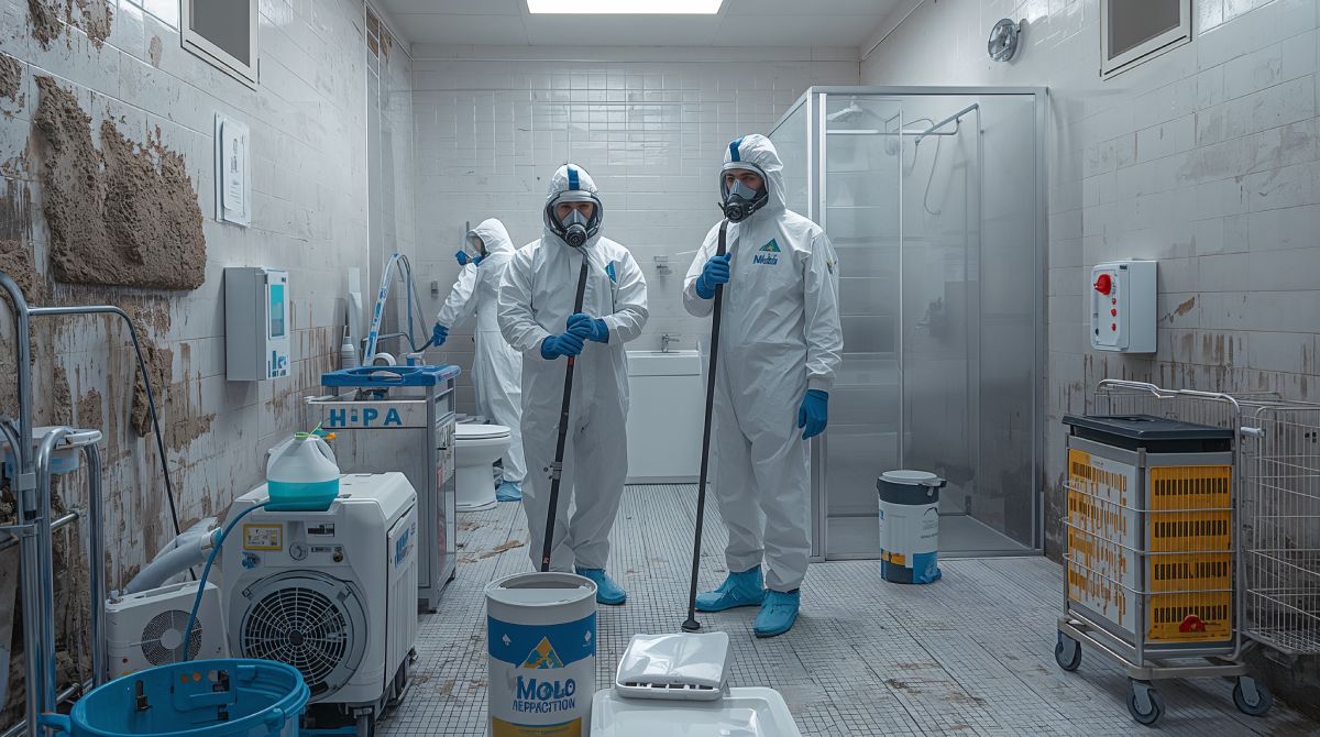 professional mold remediation team in protective equipment with HEPA air scrubbers and containment barriers removing bathroom mold