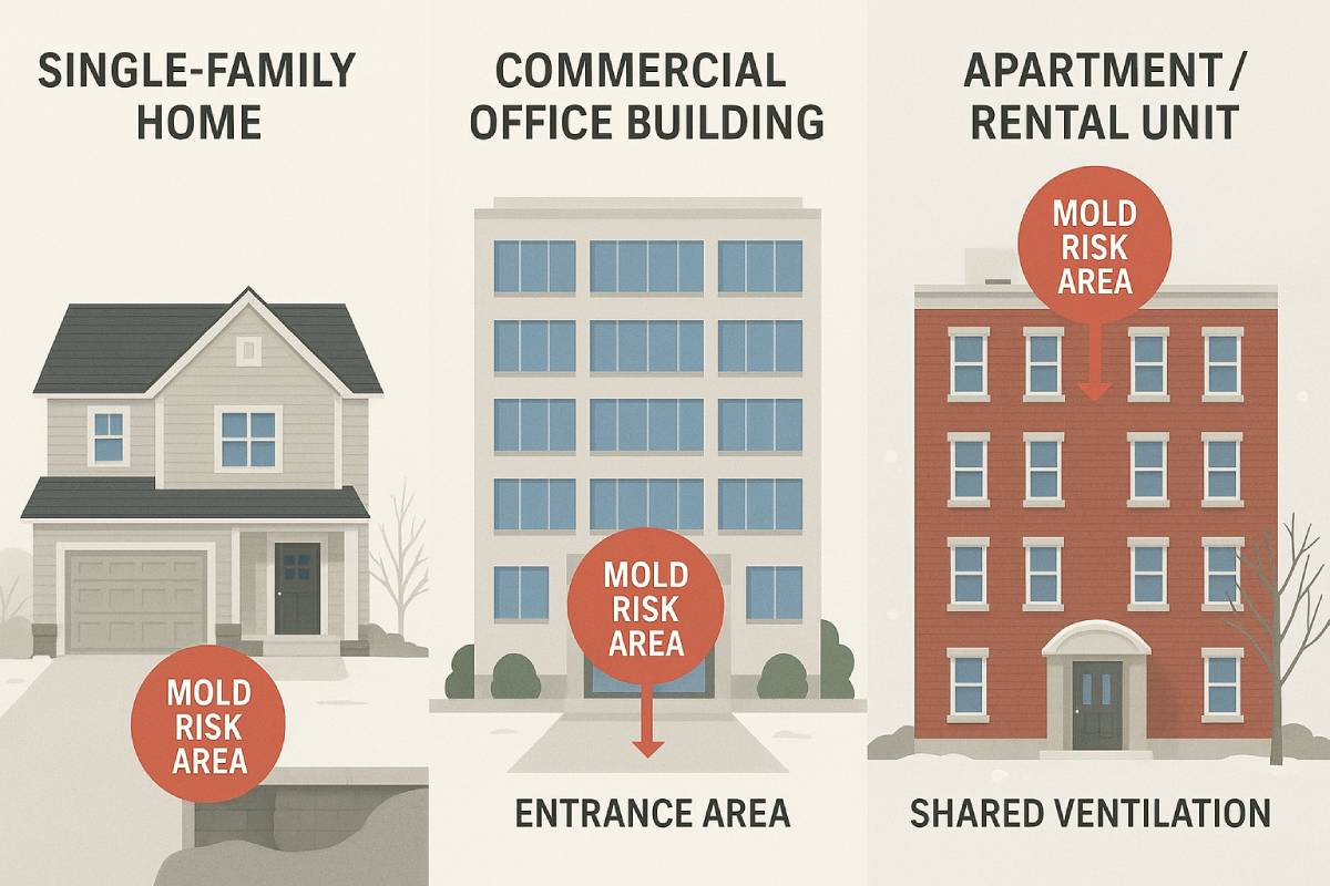 Comparison of mold risks in different property types showing various scenarios