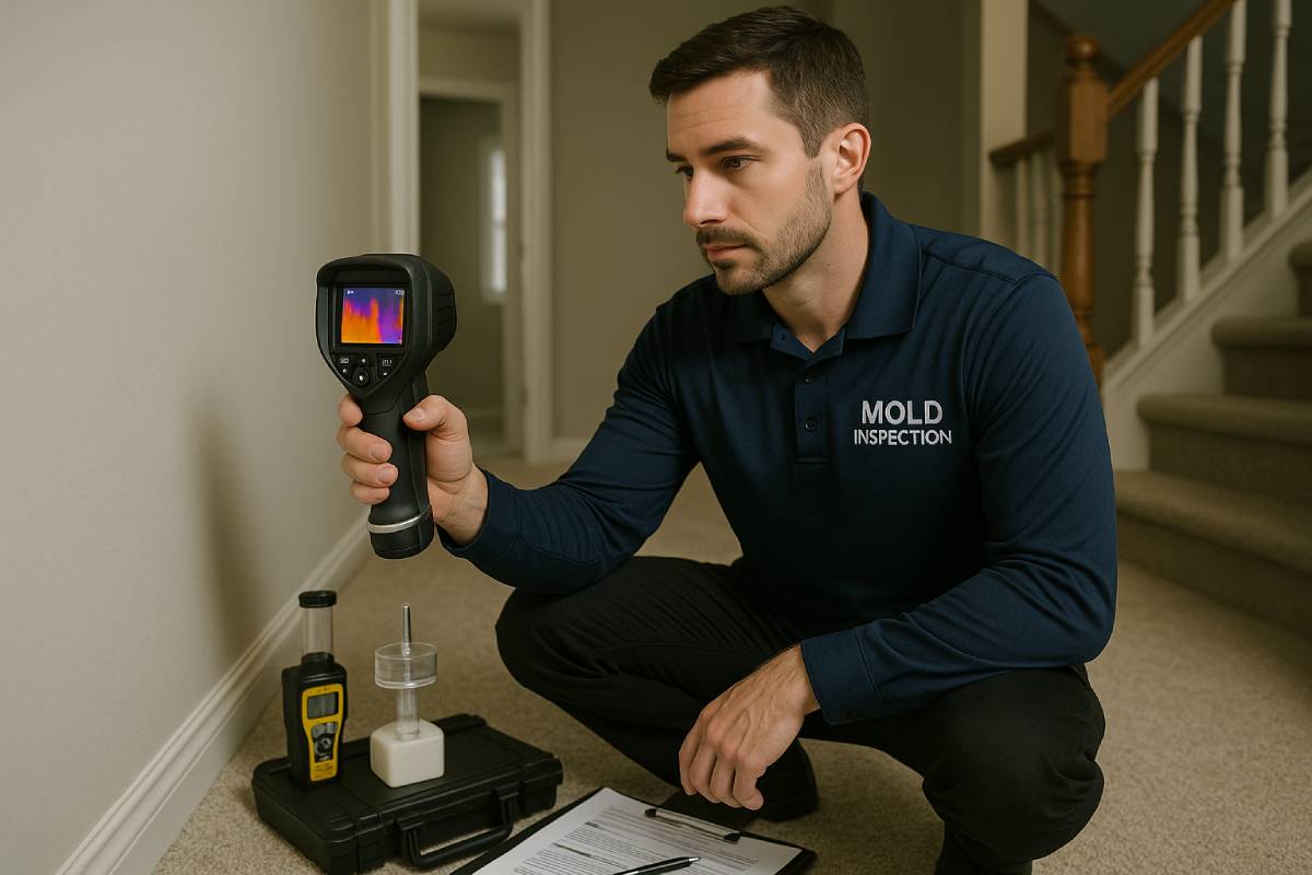 Professional mold inspector using thermal imaging equipment in Canadian home