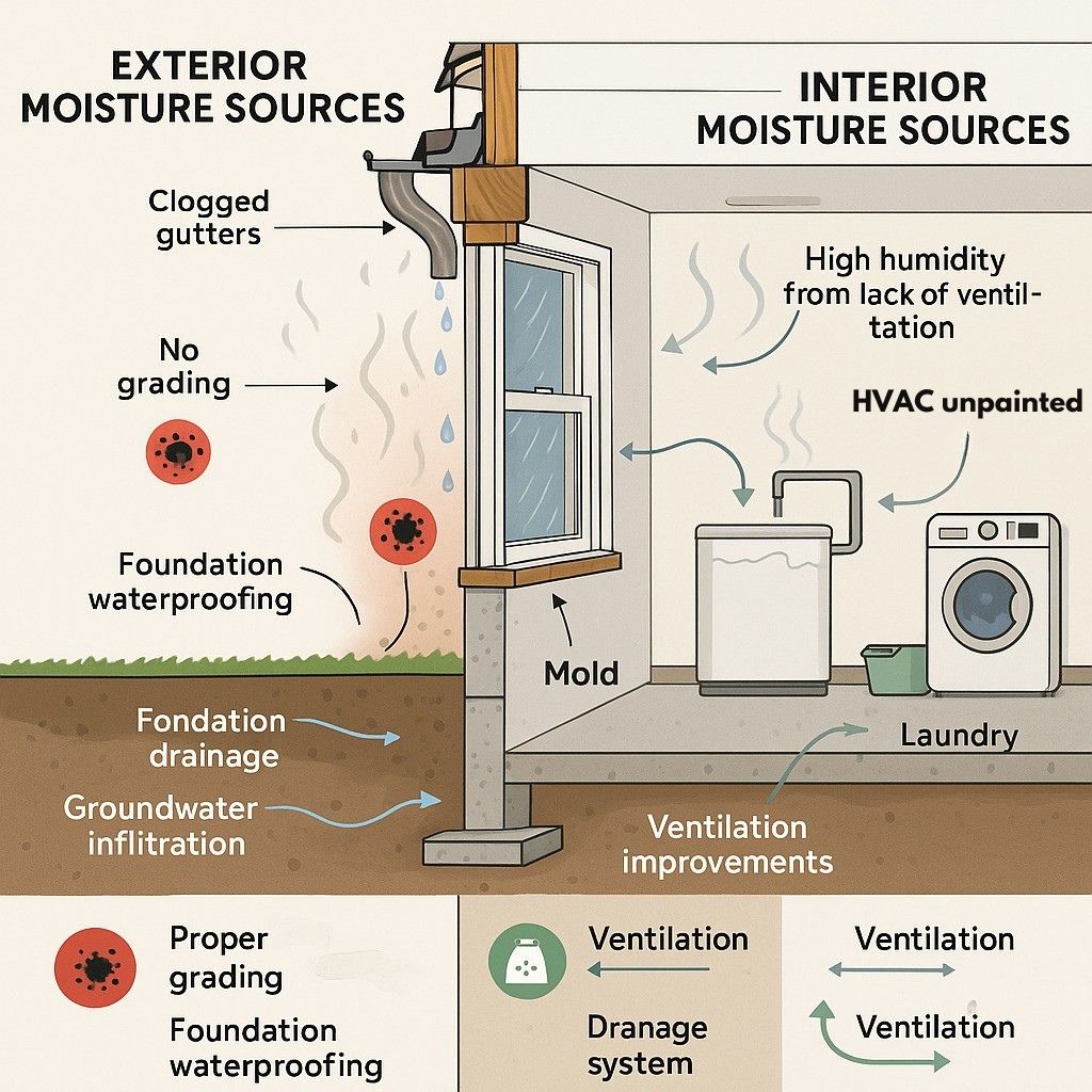 basement window moisture sources diagram showing exterior and interior humidity problems
