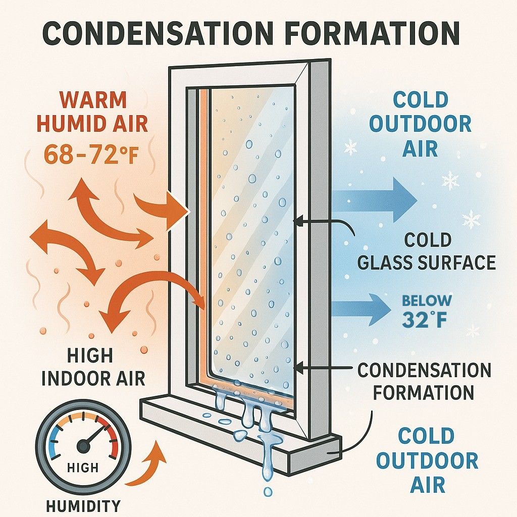window condensation formation diagram showing warm humid air meeting cold glass surface