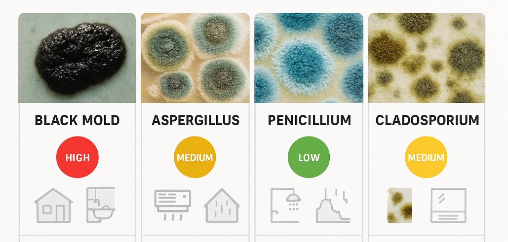 common household mold types identification chart showing black mold aspergillus penicillium and cladosporium