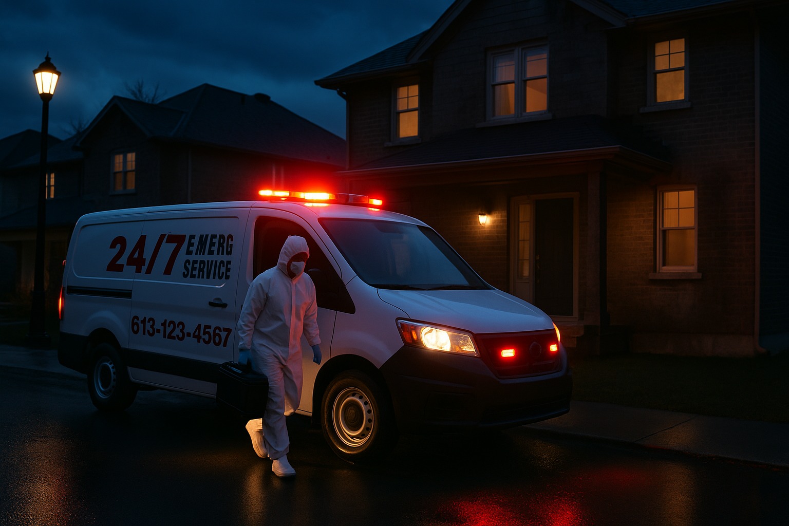 24/7 emergency mold removal service vehicle arriving at Ottawa home for urgent mold remediation