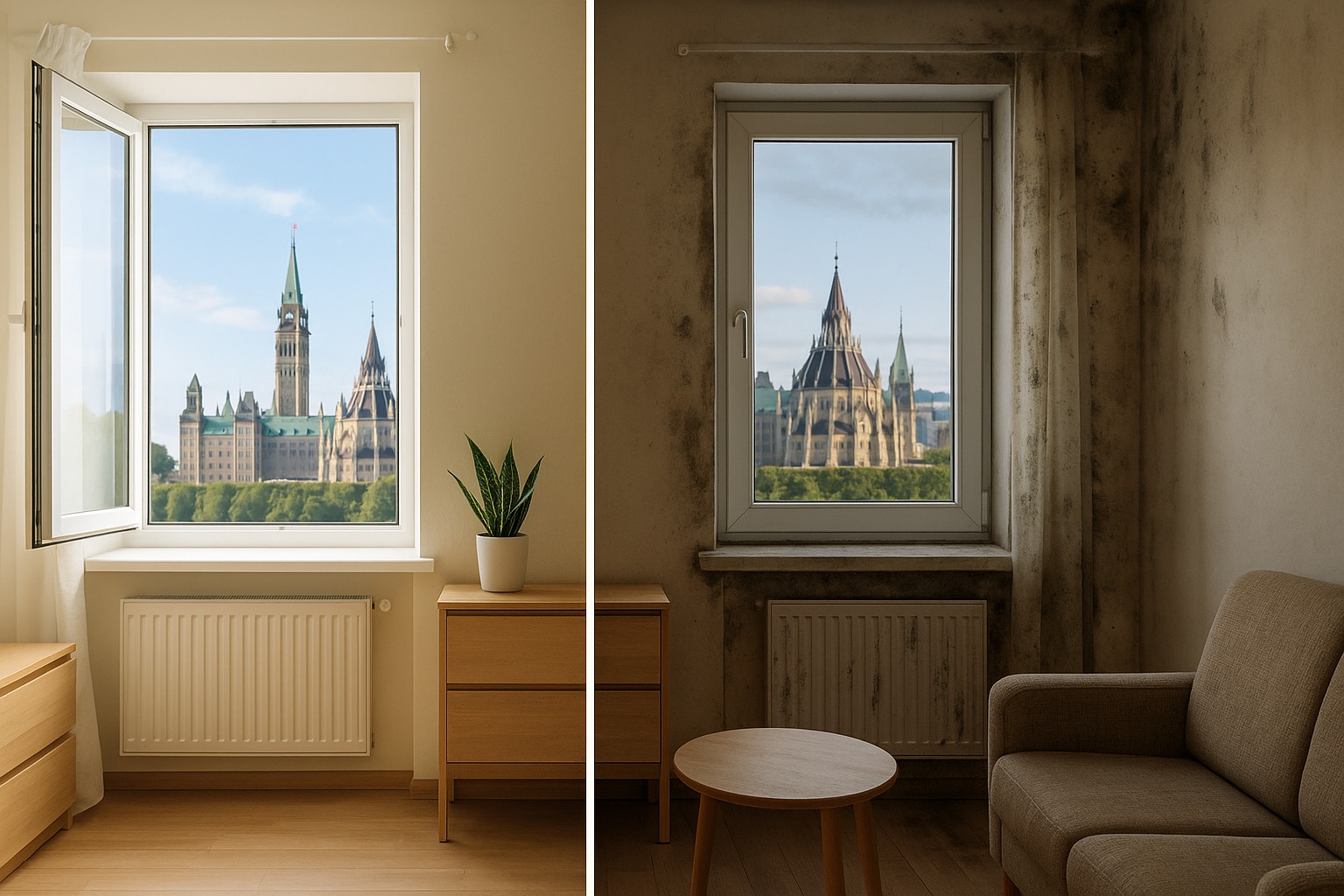 mold growth in Ottawa home showing black mold on walls near window with moisture damage