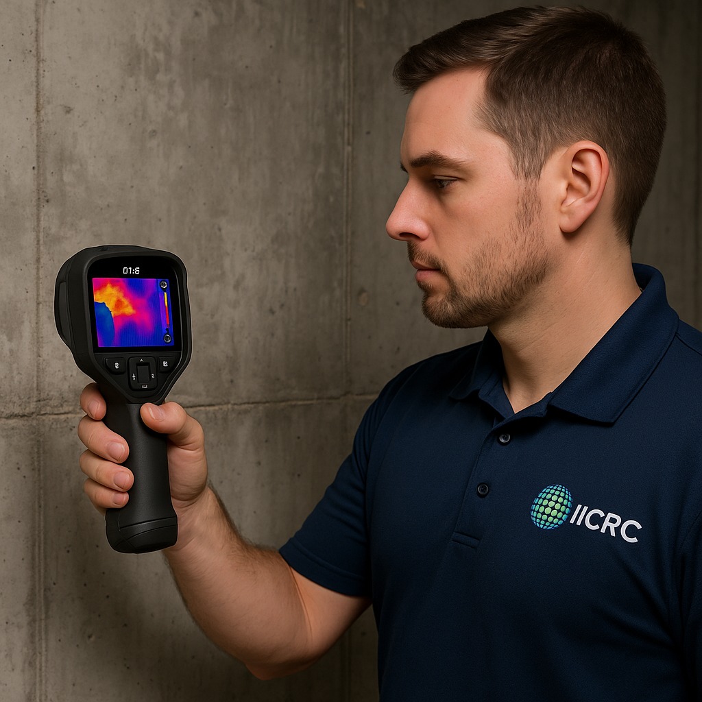 IICRC certified mold inspector using thermal imaging camera in Cornwall basement