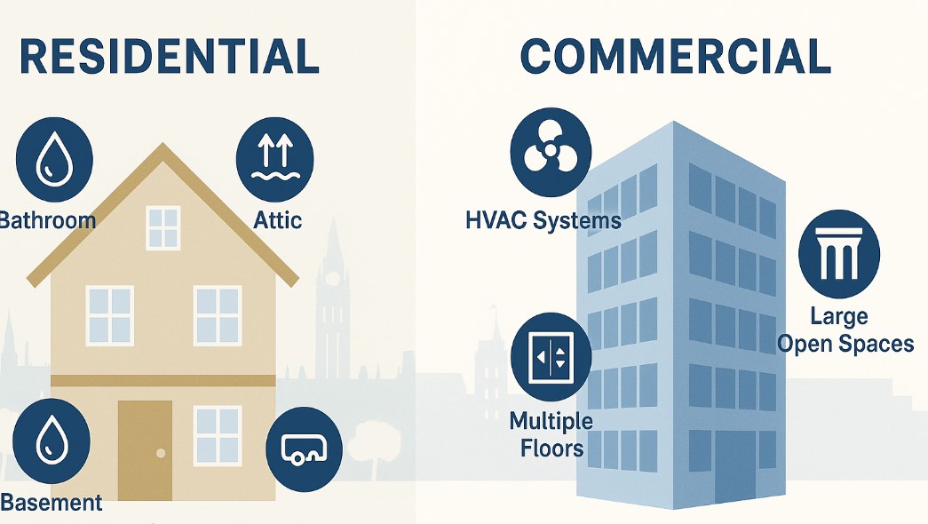 residential vs commercial mold removal comparison showing home and office building mold inspection differences