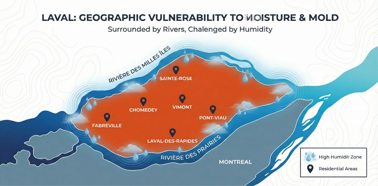 Laval island location surrounded by rivers causing high humidity and mold problems