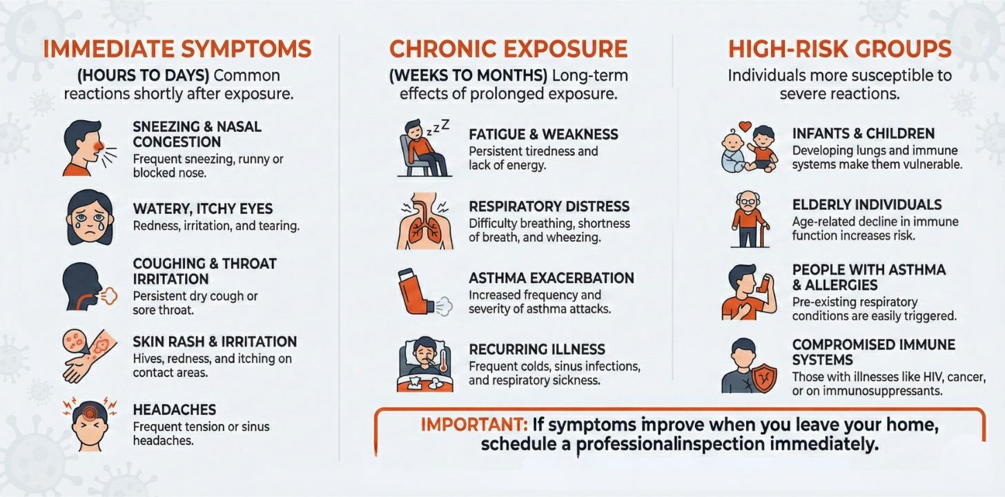 Common health symptoms from mold exposure including respiratory issues and allergies