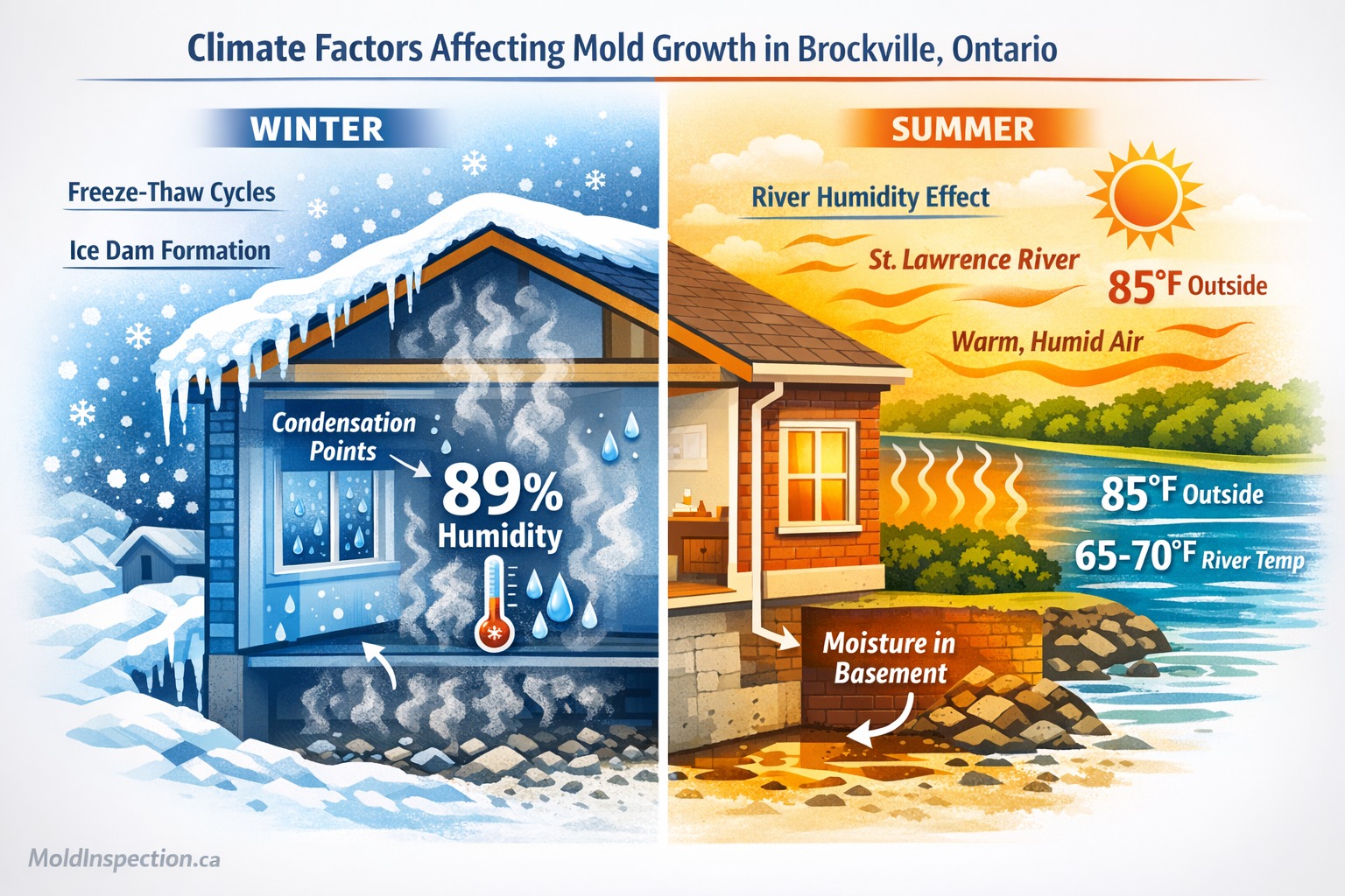 Brockville Ontario climate factors affecting mold growth including 89% winter humidity, St. Lawrence River moisture, and freeze-thaw cycles illustrated in educational infographic