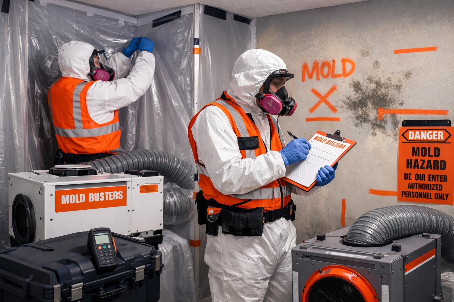 Mold Busters Ottawa professional remediation team setting up HEPA containment and air filtration equipment