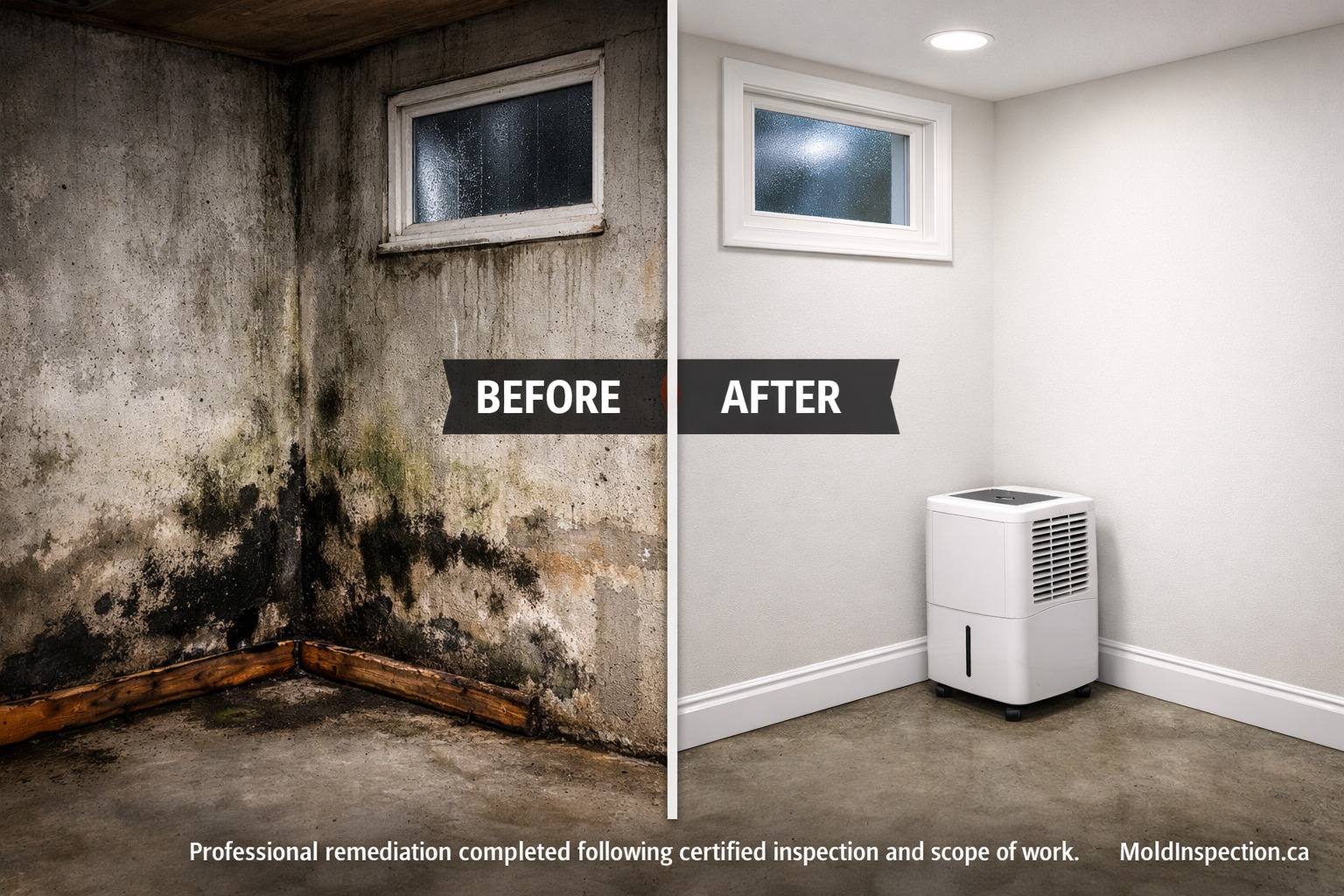 Before and after comparison of basement mold remediation in Brockville showing successful removal and prevention results