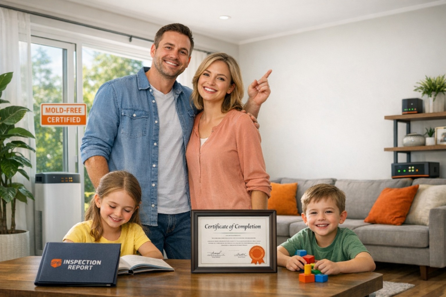Happy Ottawa family in healthy mold-free home with clean indoor air quality after professional inspection