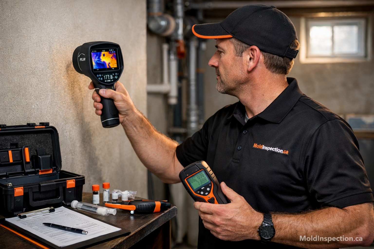 IICRC certified mold inspector using thermal imaging camera and moisture meter during professional mold inspection in Brockville home