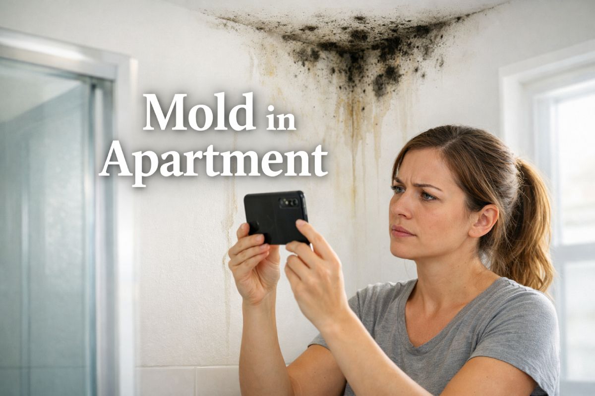 Tenant photographing visible mould on an apartment wall while making a call to document the problem