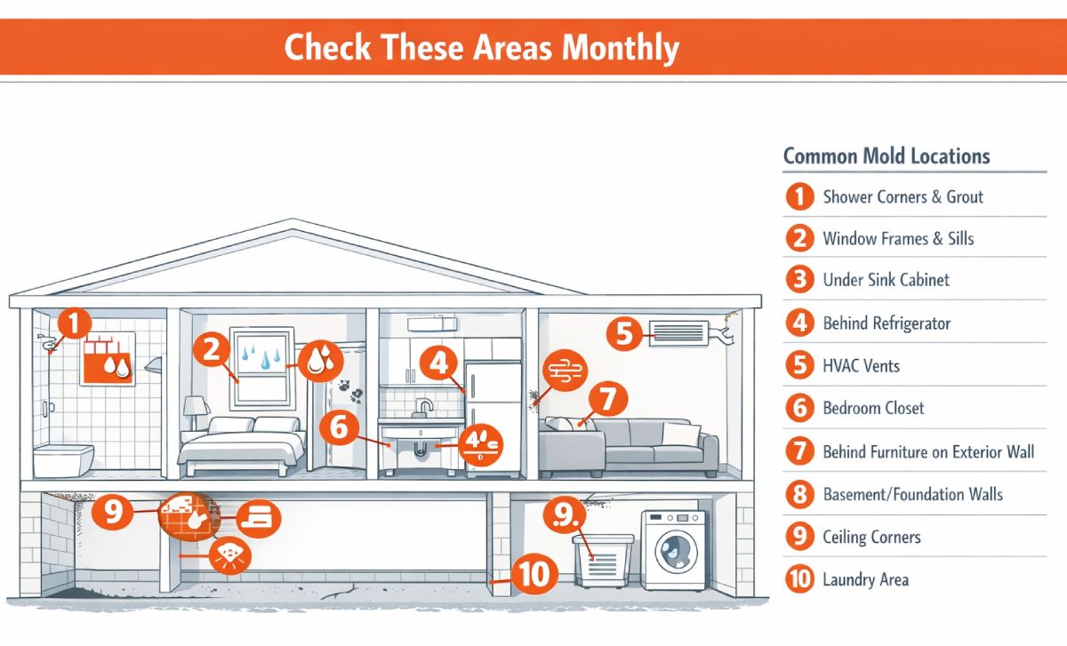 Apartment cross-section diagram showing the ten most common locations to check for mould monthly: shower corners and grout, window frames and sills, under sink cabinet, behind refrigerator, HVAC vents, bedroom closet, behind furniture on exterior wall, basement and foundation walls, ceiling corners, laundry area