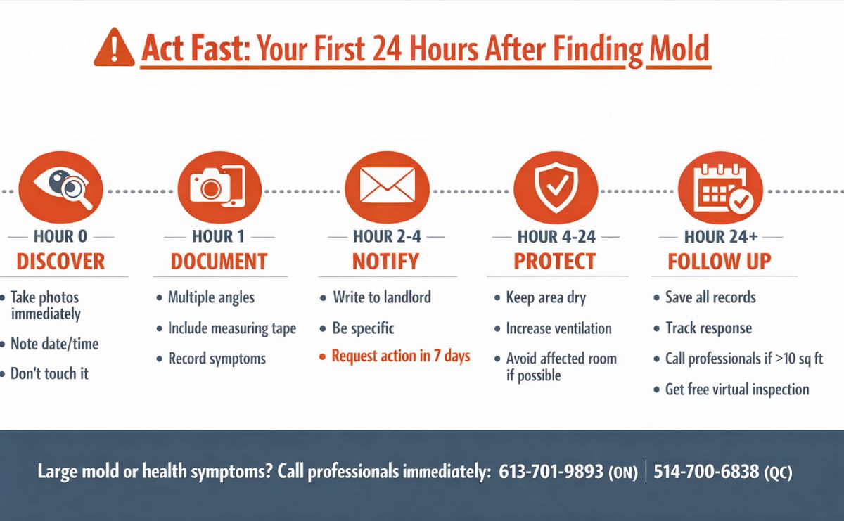 24-hour emergency action timeline showing five steps after finding apartment mould: Hour 0 discover and photograph, Hour 1 document with measurements, Hour 2-4 notify landlord in writing, Hour 4-24 protect by drying and ventilating, Hour 24+ follow up with records