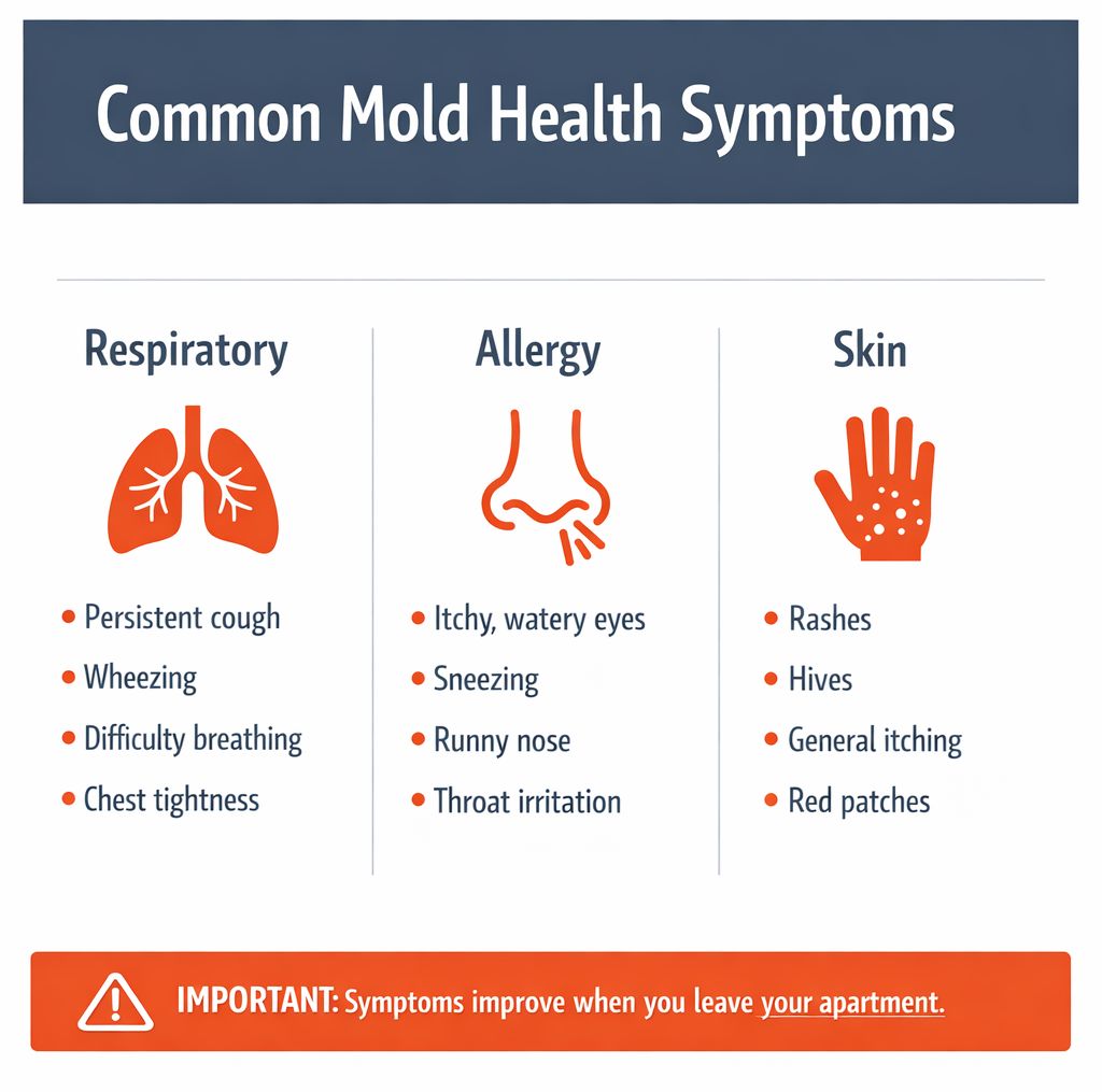 Common mould health symptoms grouped into three categories: Respiratory (persistent cough, wheezing, difficulty breathing, chest tightness), Allergy (itchy watery eyes, sneezing, runny nose, throat irritation), Skin (rashes, hives, general itching, red patches). Bottom callout: symptoms improve when you leave your apartment.