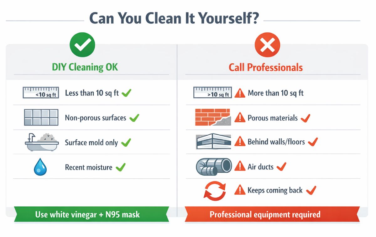Decision guide: DIY cleaning OK if less than 10 square feet, non-porous surfaces, surface mould only, recent moisture (use white vinegar and N95 mask). Call professionals if more than 10 square feet, porous materials, mould behind walls or floors, in air ducts, or mould that keeps coming back (professional equipment required)