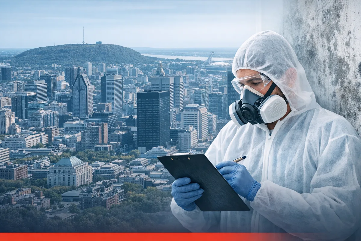 Aerial view of Montreal skyline with professional mold inspector examining a residential property