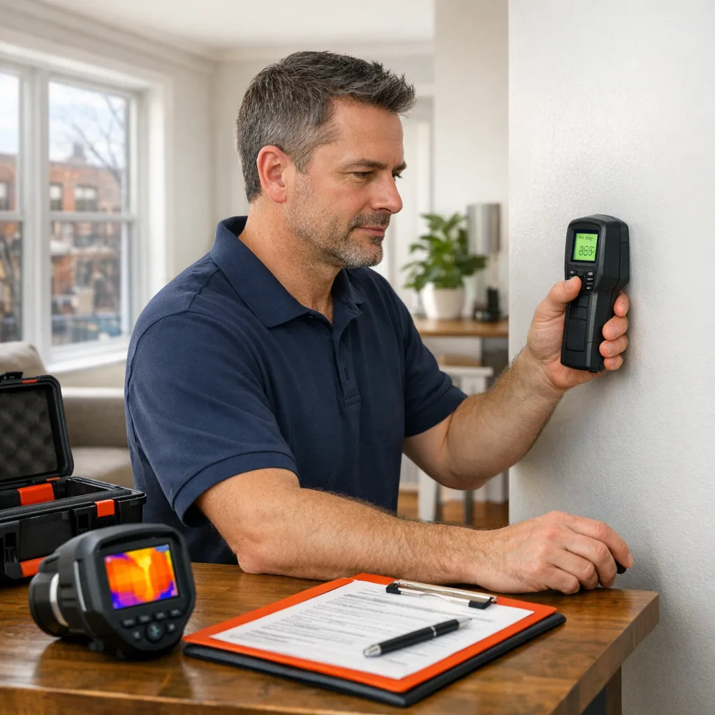 Professional mold inspector using moisture meter during a home inspection in Montreal