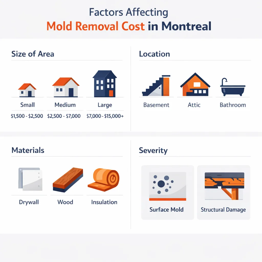 Infographic showing mold removal cost factors in Montreal including area size, location, materials, and severity