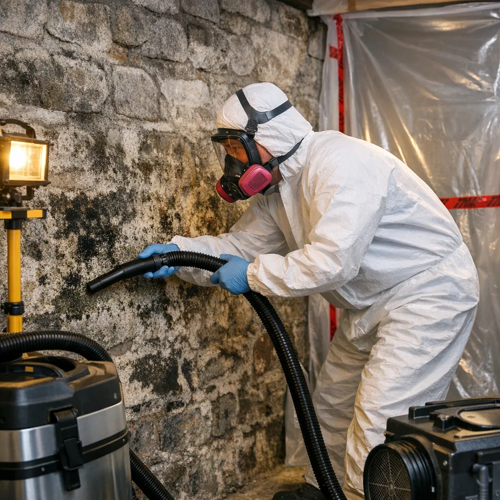 Certified mold removal technician in protective gear treating mold in a Montreal basement