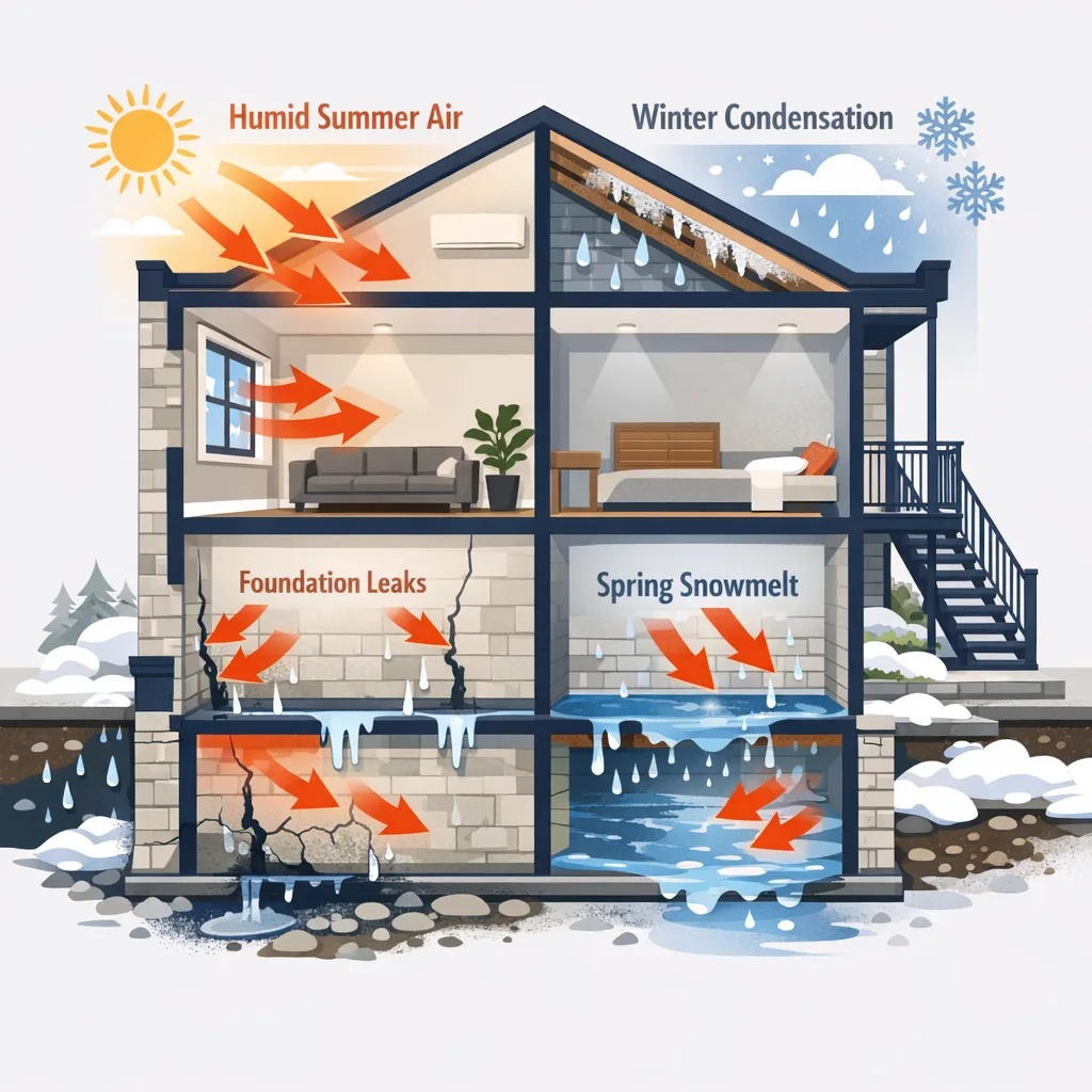 Cross-section illustration of a Montreal home showing four climate factors that cause mold growth