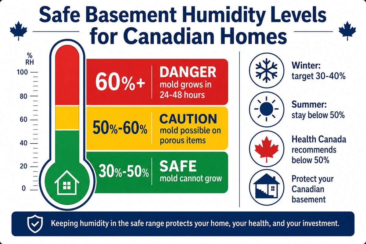 Humidity gauge showing the safe basement humidity range for Canadian homes: 30 to 50 percent green safe zone, 50 to 60 percent yellow caution zone, and above 60 percent red danger zone where mold grows in 24 to 48 hours