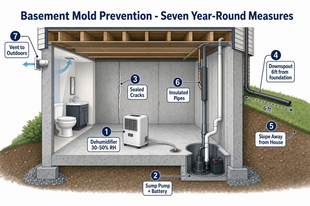 Cross-section diagram of a Canadian basement showing the seven key mold prevention measures: dehumidifier maintaining 30 to 50 percent humidity, sump pump with battery backup, foundation crack sealing, downspout extension six feet from foundation, exterior grading sloping away from house, insulated cold-water pipes, and exhaust fan venting to outdoors