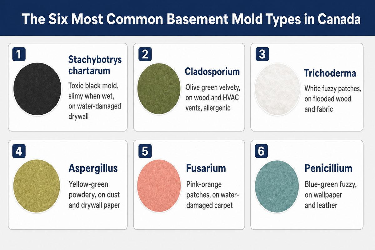 Visual identification chart for the six most common basement mold types found in Canadian homes: black Stachybotrys, green Cladosporium, white Trichoderma, yellow Aspergillus, pink-orange Fusarium, and grey-blue Penicillium with colour swatches and identifying details